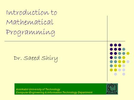 Introduction to Mathematical Programming