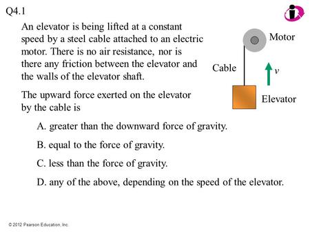 © 2012 Pearson Education, Inc. Q4.1 v Motor Cable Elevator An elevator is being lifted at a constant speed by a steel cable attached to an electric motor.