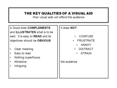 A Good slide COMPLEMENTS and ILLUSTRATES what is to be