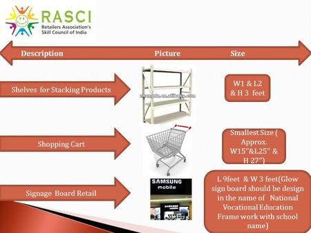 Shelves for Stacking Products W1 & L2 & H 3 feet Signage Board Retail Shopping Cart Description Picture Size Smallest Size ( Approx. W15’’&L25’’ & H 27’’)