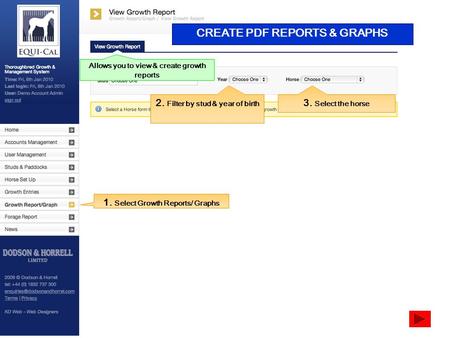 CREATE PDF REPORTS & GRAPHS 1. Select Growth Reports/ Graphs 2. Filter by stud & year of birth 3. Select the horse Allows you to view & create growth reports.