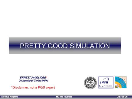 Ernesto Migliore MCWS Frascati 28 Feb 06 PRETTY GOOD SIMULATION ERNESTO MIGLIORE* Università di Torino/INFN *Disclaimer: not a PGS expert.