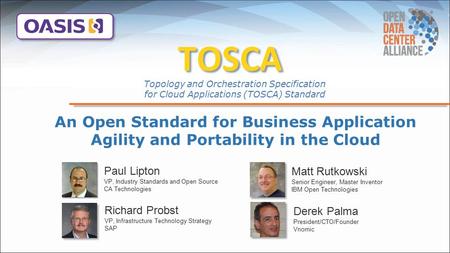 TOSCA Topology and Orchestration Specification for Cloud Applications (TOSCA) Standard An Open Standard for Business Application Agility and Portability.