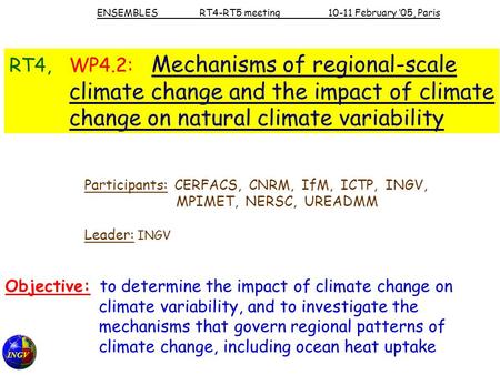 INGV RT4, WP4.2: Mechanisms of regional-scale climate change and the impact of climate change on natural climate variability Participants: CERFACS, CNRM,