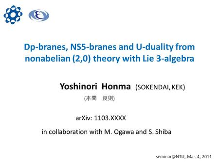 Dp-branes, NS5-branes and U-duality from nonabelian (2,0) theory with Lie 3-algebra Yoshinori Honma (SOKENDAI, KEK) in collaboration with M. Ogawa and.