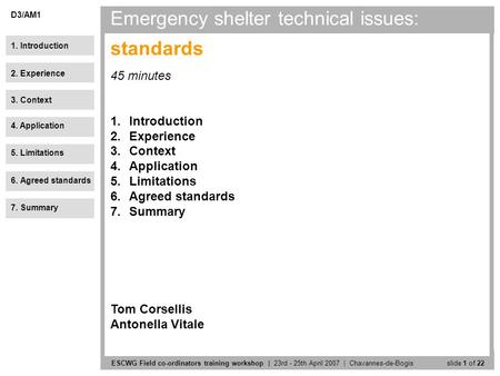 Slide 1 of 22ESCWG Field co-ordinators training workshop | 23rd - 25th April 2007 | Chavannes-de-Bogis D3/AM1 1. Introduction 2. Experience 3. Context.