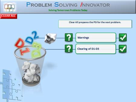 P roblem S olving I nnovator Solving Tomorrows Problems Today Warnings Clear All prepares the PSI for the next problem. Clearing of D1-D3.