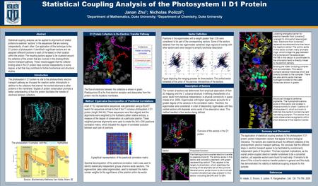 TEMPLATE DESIGN © 2008 www.PosterPresentations.com Statistical Coupling Analysis of the Photosystem II D1 Protein Janan Zhu 1 ; Nicholas Polizzi 2 ; 1.