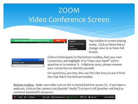 ZOOM Video Conference Screen Click on Participants in the bottom toolbar, find your own connection, and highlight it to “raise your hand” with a question.