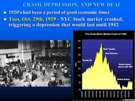 CRASH, DEPRESSION, AND NEW DEAL 1920's had been a period of good economic times 1920's had been a period of good economic times Tues. Oct. 29th, 1929 -