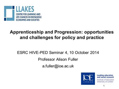 Apprenticeship and Progression: opportunities and challenges for policy and practice ESRC HIVE-PED Seminar 4, 10 October 2014 Professor Alison Fuller