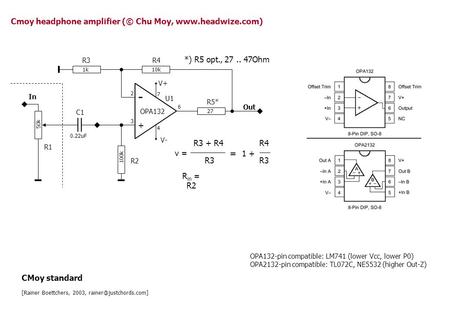 27 - + 10k 1k 100k 0.22uF In Out 50k R3R4 R1 R2 R5* C1 U1 OPA132 2 3 7 4 6 V+ V- CMoy standard [Rainer Boettchers, 2003, v = R3.