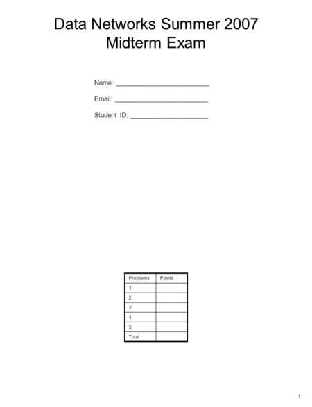 1 Data Networks Summer 2007 Midterm Exam ProblemsPoints 1 2 3 4 5 Total Name: _________________________ Email: _________________________ Student ID: _____________________.