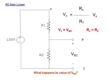 +-+- 100V R1 R2 + - A B C V BC VxVx = RxRx RTRT VsVs V x = V BC R x = R 2 R2 Gets Larger What happens to value of V AB ?