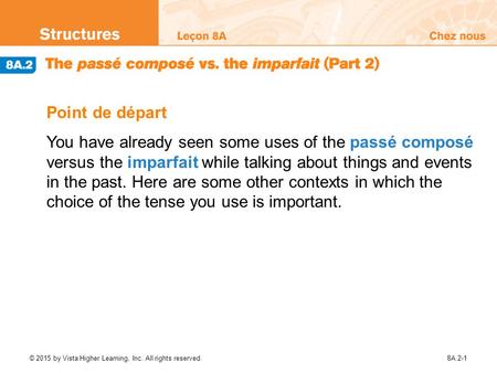 Point de départ You have already seen some uses of the passé composé versus the imparfait while talking about things and events in the past. Here are.