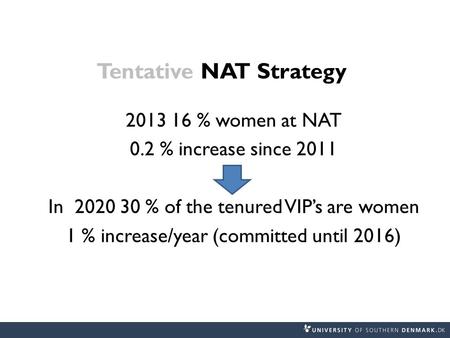 Tentative NAT Strategy 2013 16 % women at NAT 0.2 % increase since 2011 In 2020 30 % of the tenured VIP’s are women 1 % increase/year (committed until.