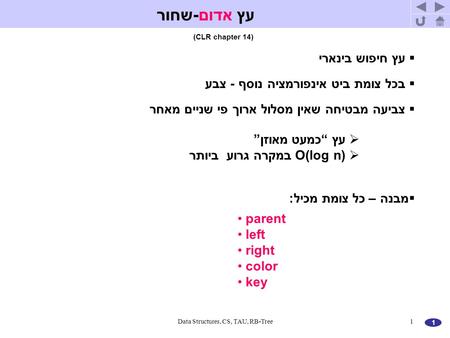 1 Data Structures, CS, TAU, RB-Tree1 עץ אדום-שחור  עץ חיפוש בינארי  בכל צומת ביט אינפורמציה נוסף - צבע  עץ “כמעט מאוזן”  (O(log n במקרה גרוע ביותר.