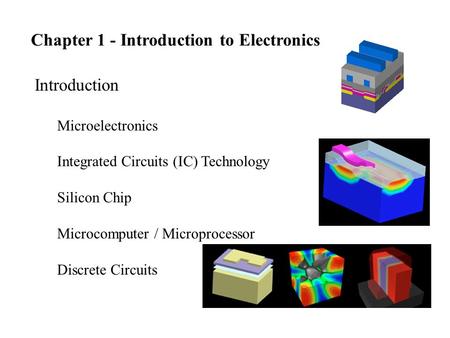 Chapter 1 - Introduction to Electronics Introduction Microelectronics Integrated Circuits (IC) Technology Silicon Chip Microcomputer / Microprocessor Discrete.