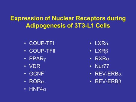 Expression of Nuclear Receptors during Adipogenesis of 3T3-L1 Cells COUP-TFI COUP-TFII PPAR  VDR GCNF ROR  HNF4  LXR  LXR  RXR  Nur77 REV-ERB  REV-ERB.