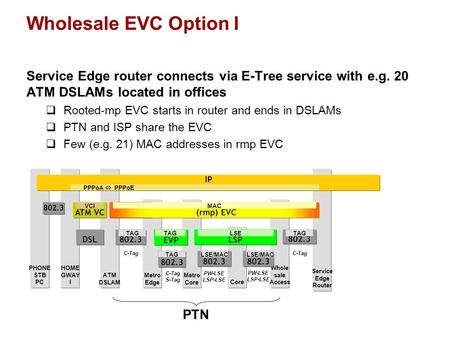 Core Wholesale EVC Option I Service Edge router connects via E-Tree service with e.g. 20 ATM DSLAMs located in offices  Rooted-mp EVC starts in router.