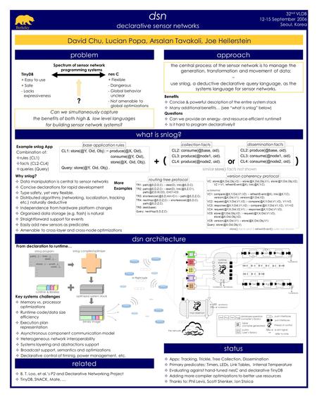 Berkeley dsn declarative sensor networks problem David Chu, Lucian Popa, Arsalan Tavakoli, Joe Hellerstein approach related dsn architecture status  B.