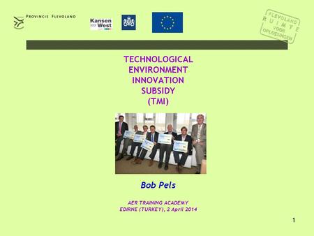 1 TECHNOLOGICAL ENVIRONMENT INNOVATION SUBSIDY (TMI) Bob Pels AER TRAINING ACADEMY EDIRNE (TURKEY), 2 April 2014.