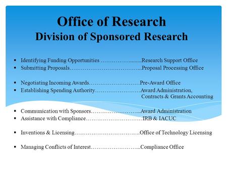 Office of Research Division of Sponsored Research  Identifying Funding Opportunities …………….........Research Support Office  Submitting Proposals………………………………...Proposal.