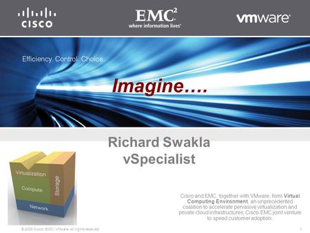 1 © 2009 Cisco | EMC | VMware. All rights reserved. Richard Swakla vSpecialist Cisco and EMC, together with VMware, form Virtual Computing Environment,