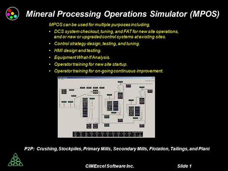 CIMExcel Software Inc. Slide 1 Mineral Processing Operations Simulator (MPOS) MPOS can be used for multiple purposes including, DCS system checkout, tuning,