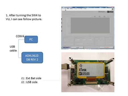 PC ADXL362Z- DB REV 2 USB cable 1. After turning the SW4 to VU, I can see follow picture. J1 : Ext Bat side J2 : USB side COM4.