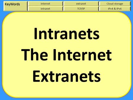 KeyWords internetextranetCloud storage intranetTCP/IPIPv4 & IPv6 Intranets The Internet Extranets.