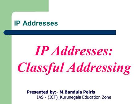 IP Addresses: Classful Addressing IP Addresses. CONTENTS INTRODUCTION CLASSFUL ADDRESSING Different Network Classes Subnetting Classless Addressing Supernetting.