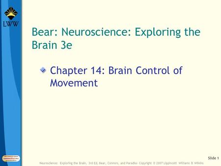 Slide 1 Neuroscience: Exploring the Brain, 3rd Ed, Bear, Connors, and Paradiso Copyright © 2007 Lippincott Williams & Wilkins Bear: Neuroscience: Exploring.