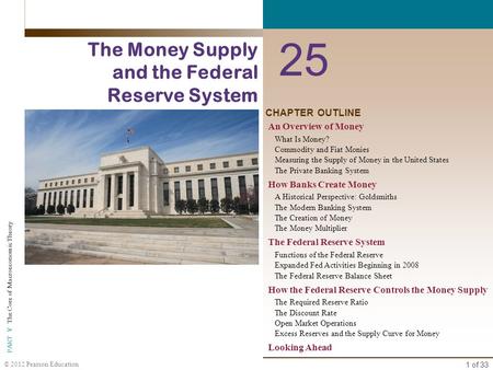 1 of 33 PART V The Core of Macroeconomic Theory © 2012 Pearson Education CHAPTER OUTLINE 25 The Money Supply and the Federal Reserve System An Overview.