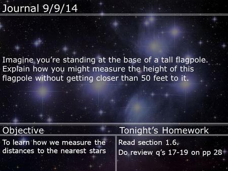 Journal 9/9/14 Imagine you’re standing at the base of a tall flagpole. Explain how you might measure the height of this flagpole without getting closer.