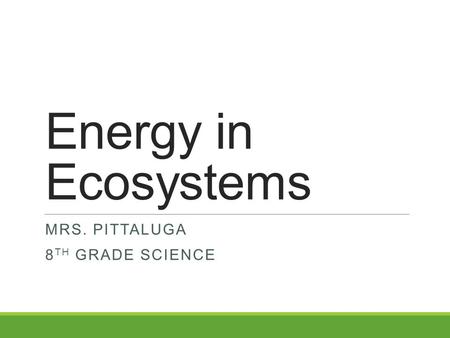 Energy in Ecosystems MRS. PITTALUGA 8 TH GRADE SCIENCE.