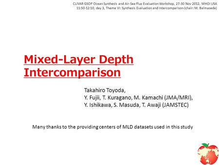 Mixed-Layer Depth Intercomparison CLIVAR GSOP Ocean Synthesis and Air-Sea Flux Evaluation Workshop, 27-30 Nov 2012, WHOI USA 11:50-12:10, day 3, Theme.