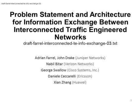 Problem Statement and Architecture for Information Exchange Between Interconnected Traffic Engineered Networks draft-farrel-interconnected-te-info-exchange-03.txt.