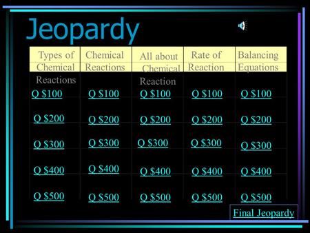 Jeopardy Types of Chemical Reactions Chemical Reactions Rate of Reaction Balancing Equations Q $100 Q $200 Q $300 Q $400 Q $500 Q $100 Q $200 Q $300 Q.