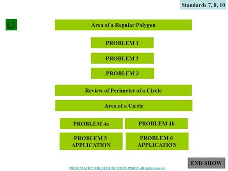 1 Standards 7, 8, 10 Area of a Regular Polygon PROBLEM 1 PROBLEM 2 PROBLEM 3 Review of Perimeter of a Circle Area of a Circle PROBLEM 4a PROBLEM 4b PROBLEM.