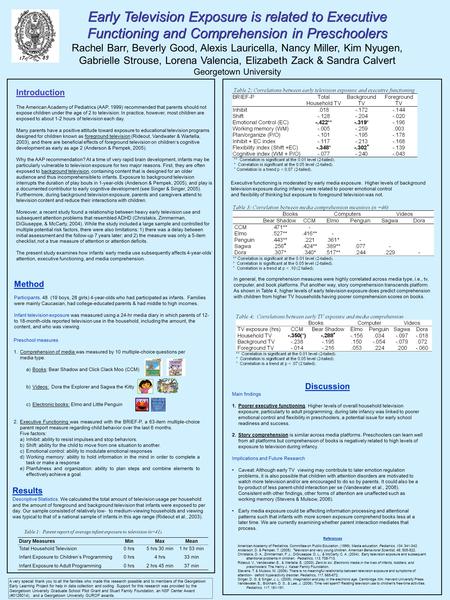 Early Television Exposure is related to Executive Functioning and Comprehension in Preschoolers Rachel Barr, Beverly Good, Alexis Lauricella, Nancy Miller,