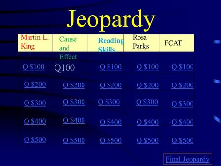 Jeopardy Martin L. King Cause and Effect Reading Skills Rosa Parks FCAT Q $100 Q $200 Q $300 Q $400 Q $500 Q $100 Q $200 Q $300 Q $400 Q $500 Final Jeopardy.