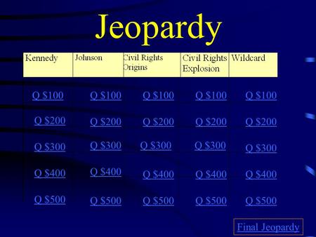 Jeopardy Q $100 Q $200 Q $300 Q $400 Q $500 Q $100 Q $200 Q $300 Q $400 Q $500 Final Jeopardy.