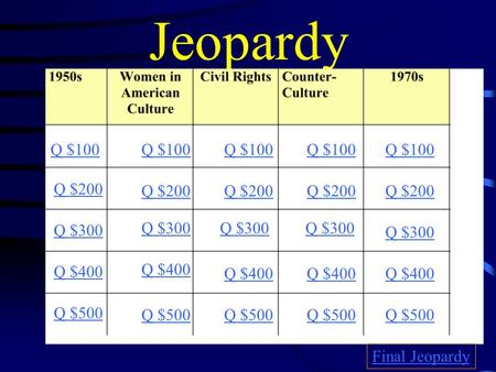 Jeopardy Q $100 Q $200 Q $300 Q $400 Q $500 Q $100 Q $200 Q $300 Q $400 Q $500 Final Jeopardy.