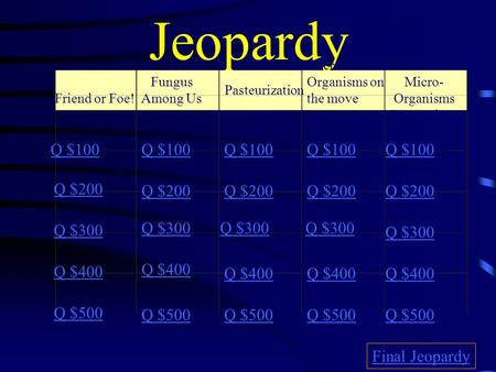 Jeopardy Friend or Foe! Fungus Among Us Pasteurization Micro- Organisms on the move Micro- Organisms Everywhere Q $100 Q $200 Q $300 Q $400 Q $500 Q $100.