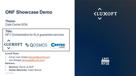 ONF Showcase Demo Theme: Data Center SDN Title: NFV Orchestration for SLA guarantee services Luxoft Team:  Adrian loan Istrate