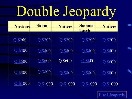 Double Jeopardy Noxious Suomi Natives Suomen kasvit Natives Q $2Q $200 Q $4Q $400 Q $6Q $600 Q $8Q $800 Q $1Q $1000 Q $2Q $200Q $2Q $200Q $2Q $200Q $2Q.