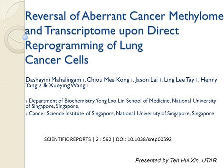 Reversal of Aberrant Cancer Methylome and Transcriptome upon Direct Reprogramming of Lung Cancer Cells Dashayini Mahalingam 1, Chiou Mee Kong 1, Jason.