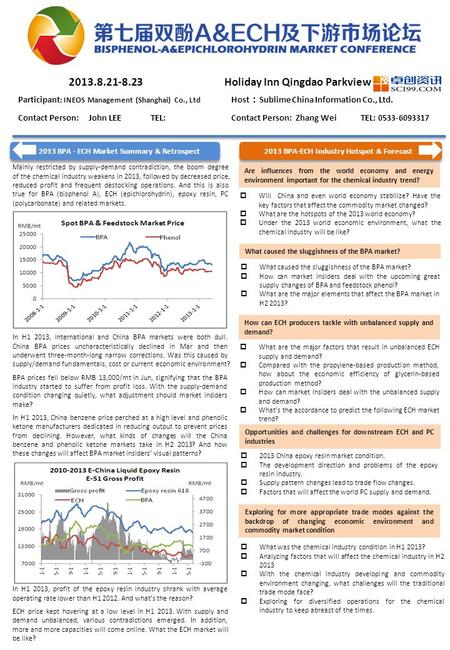 2013 BPA - ECH Market Summary & Retrospect 2013 BPA-ECH Industry Hotspot & Forecast Mainly restricted by supply-demand contradiction, the boom degree of.