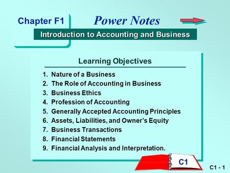 C1 - 1 Learning Objectives 1.Nature of a Business 2.The Role of Accounting in Business 3.Business Ethics 4.Profession of Accounting 5.Generally Accepted.